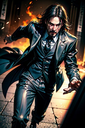 open wide shot, masterpiece, excellent quality, 
perfect hands,epic running fast shooting machine gun with flames, photo realistic Keanu Reeves John Wick with pistol and machine gun , thriller style, aggressive pose, modern black and white Gucci suit, armed gun, photorealistic, highly detailed, blurry photo, intricate, incredibly detailed, super detailed, gangster texture, detailed , crazy, soft lights and shadows