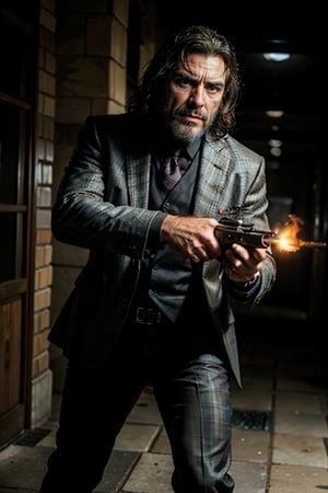 ((Panoramic and open wide shot)), masterpiece, excellent quality, 
perfect hands,epic running fast shooting machine gun with flames, photo realistic Ian McShane as Winston from the movie "John Wick",  with pistol and machine gun , 
different weapons
knives, katanas, submachine guns, grenades, in a shootout with other men, thriller style, aggressive pose, modern black and white Gucci suit, armed gun, photorealistic, highly detailed, blurry photo, intricate, incredibly detailed, super detailed, gangster texture, detailed , crazy, soft lights and shadows