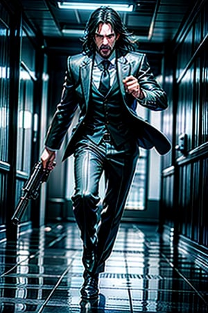 open wide shot, masterpiece, excellent quality, 
perfect hands,epic running fast shooting machine gun with flames, photo realistic Keanu Reeves John Wick with pistol and machine gun , thriller style, aggressive pose, modern black and white Gucci suit, armed gun, photorealistic, highly detailed, blurry photo, intricate, incredibly detailed, super detailed, gangster texture, detailed , crazy, soft lights and shadows