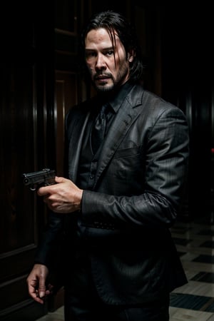 masterpiece, excellent quality, 8k, photo realistic Keanu Reeves John Wick with , thriller style, aggressive pose, modern black and white Gucci suit, armed gun, photorealistic, highly detailed, blurry photo, intricate, incredibly detailed, super detailed, gangster texture, detailed , crazy, soft lights and shadows