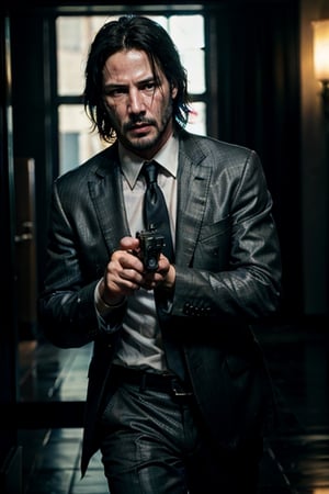 open wide shot, masterpiece, excellent quality, running fast shooting machine gun with flames, photo realistic Keanu Reeves John Wick with pistol and machine gun , thriller style, aggressive pose, modern black and white Gucci suit, armed gun, photorealistic, highly detailed, blurry photo, intricate, incredibly detailed, super detailed, gangster texture, detailed , crazy, soft lights and shadows