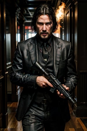 open wide shot, masterpiece, excellent quality, 
perfect hands,epic running fast shooting machine gun with flames, photo realistic Keanu Reeves John Wick with pistol and machine gun , thriller style, aggressive pose, modern black and white Gucci suit, armed gun, photorealistic, highly detailed, blurry photo, intricate, incredibly detailed, super detailed, gangster texture, detailed , crazy, soft lights and shadows