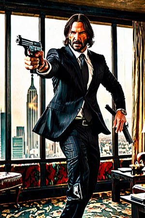 ((movie cover)) in Hotel Continental ((Panoramic and open wide shot)), masterpiece, excellent quality, perfect hands, epic jumping  breaking the glass through a window, killing gunmen, shooting machine gun, photo realistic "John Wick", with pistol and machine gun , different weapons knives, katanas, submachine guns, grenades, in a shootout with other men, thriller style, aggressive pose, modern black and white Gucci suit, armed gun, photorealistic, highly detailed, blurry photo, intricate, incredibly detailed, super detailed, gangster texture, detailed , crazy, soft lights and shadows,Summer