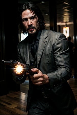 open wide shot, masterpiece, excellent quality, 
perfect hands,epic running fast shooting machine gun with flames, photo realistic Keanu Reeves John Wick with pistol and machine gun , thriller style, aggressive pose, modern black and white Gucci suit, armed gun, photorealistic, highly detailed, blurry photo, intricate, incredibly detailed, super detailed, gangster texture, detailed , crazy, soft lights and shadows