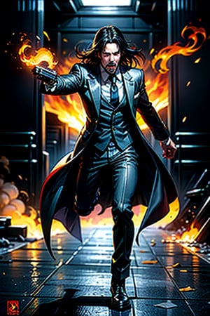 open wide shot, masterpiece, excellent quality, 
perfect hands,epic running fast shooting machine gun with flames, photo realistic Keanu Reeves John Wick with pistol and machine gun , thriller style, aggressive pose, modern black and white Gucci suit, armed gun, photorealistic, highly detailed, blurry photo, intricate, incredibly detailed, super detailed, gangster texture, detailed , crazy, soft lights and shadows