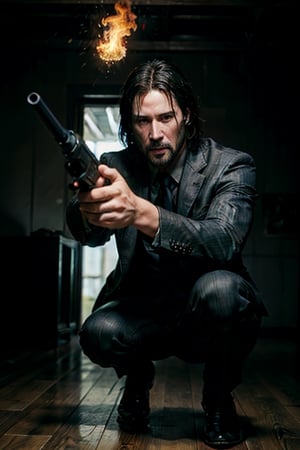 open wide shot, masterpiece, excellent quality, 
perfect hands,epic running fast shooting machine gun with flames, photo realistic Keanu Reeves John Wick with pistol and machine gun , thriller style, aggressive pose, modern black and white Gucci suit, armed gun, photorealistic, highly detailed, blurry photo, intricate, incredibly detailed, super detailed, gangster texture, detailed , crazy, soft lights and shadows