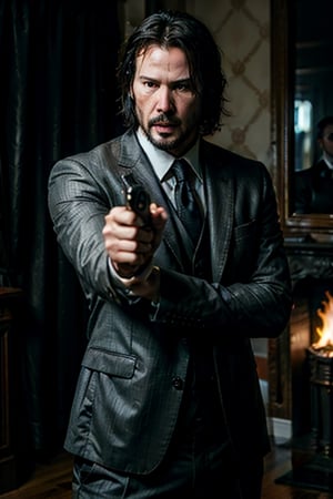 open wide shot, masterpiece, excellent quality, 
perfect hands,epic running fast shooting machine gun with flames, photo realistic Keanu Reeves John Wick with pistol and machine gun , thriller style, aggressive pose, modern black and white Gucci suit, armed gun, photorealistic, highly detailed, blurry photo, intricate, incredibly detailed, super detailed, gangster texture, detailed , crazy, soft lights and shadows