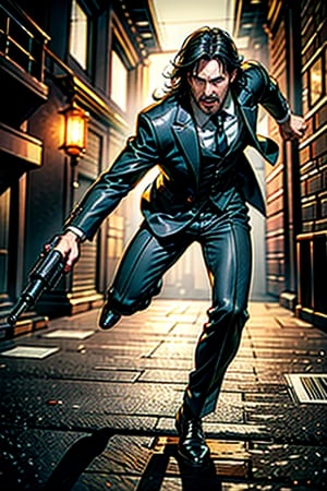 open wide shot, masterpiece, excellent quality, 
perfect hands,epic running fast shooting machine gun with flames, photo realistic Keanu Reeves John Wick with pistol and machine gun , thriller style, aggressive pose, modern black and white Gucci suit, armed gun, photorealistic, highly detailed, blurry photo, intricate, incredibly detailed, super detailed, gangster texture, detailed , crazy, soft lights and shadows