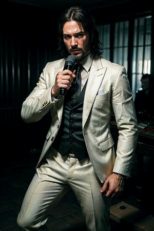 ((Panoramic and open wide shot)), masterpiece, excellent quality, 
perfect hands,epic running fast shooting machine gun with flames, photo realistic "John Wick", (wearing a bright white suit and guitar in the shape of a machine gun and singing into a microphone)
different weapons
knives, katanas, submachine guns, grenades, in a shootout with other men, thriller style, aggressive pose, modern black and white Gucci suit, armed gun, photorealistic, highly detailed, blurry photo, intricate, incredibly detailed, super detailed, gangster texture, detailed , crazy, soft lights and shadows