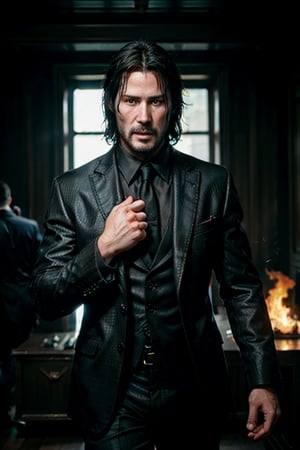 open wide shot, masterpiece, excellent quality, 
perfect hands,epic running fast shooting machine gun with flames, photo realistic Keanu Reeves John Wick with pistol and machine gun , thriller style, aggressive pose, modern black and white Gucci suit, armed gun, photorealistic, highly detailed, blurry photo, intricate, incredibly detailed, super detailed, gangster texture, detailed , crazy, soft lights and shadows