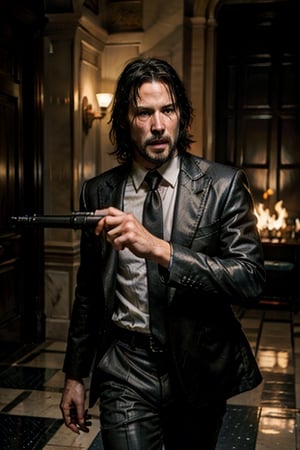 open wide shot, masterpiece, excellent quality, 
perfect hands,epic running fast shooting machine gun with flames, photo realistic Keanu Reeves John Wick with pistol and machine gun , thriller style, aggressive pose, modern black and white Gucci suit, armed gun, photorealistic, highly detailed, blurry photo, intricate, incredibly detailed, super detailed, gangster texture, detailed , crazy, soft lights and shadows