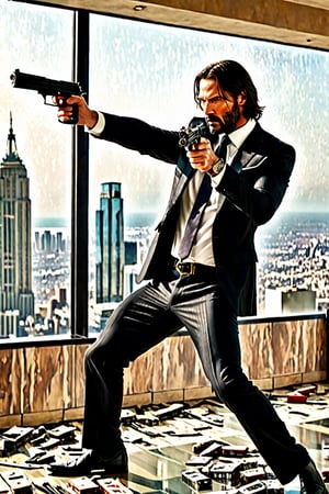 ((movie cover)) in Hotel Continental ((Panoramic and open wide shot)), masterpiece, excellent quality, perfect hands, epic jumping  breaking the glass through a window, killing gunmen, shooting machine gun, photo realistic "John Wick", with pistol and machine gun , different weapons knives, katanas, submachine guns, grenades, in a shootout with other men, thriller style, aggressive pose, modern black and white Gucci suit, armed gun, photorealistic, highly detailed, blurry photo, intricate, incredibly detailed, super detailed, gangster texture, detailed , crazy, soft lights and shadows,Summer