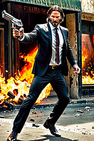 Mexico ((Panoramic and open wide shot)), masterpiece, excellent quality, perfect hands,epic running fast, epic jumping  breaking the glass through a window, killing gunmen, shooting machine gun with flames, photo realistic "John Wick", with pistol and machine gun , different weapons knives, katanas, submachine guns, grenades, in a shootout with other men, thriller style, aggressive pose, modern black and white Gucci suit, armed gun, photorealistic, highly detailed, blurry photo, intricate, incredibly detailed, super detailed, gangster texture, detailed , crazy, soft lights and shadows,Summer