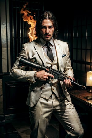((Panoramic and open wide shot)), masterpiece, excellent quality, 
perfect hands,epic running fast shooting machine gun with flames, photo realistic "John Wick", (wearing a bright white suit and guitar in the shape of a machine gun and singing into a microphone)
different weapons
knives, katanas, submachine guns, grenades, in a shootout with other men, thriller style, aggressive pose, modern black and white Gucci suit, armed gun, photorealistic, highly detailed, blurry photo, intricate, incredibly detailed, super detailed, gangster texture, detailed , crazy, soft lights and shadows