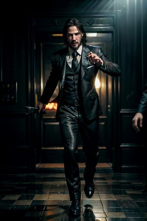 open wide shot, masterpiece, excellent quality, running fast shooting machine gun with flames, photo realistic Keanu Reeves John Wick with pistol and machine gun , thriller style, aggressive pose, modern black and white Gucci suit, armed gun, photorealistic, highly detailed, blurry photo, intricate, incredibly detailed, super detailed, gangster texture, detailed , crazy, soft lights and shadows