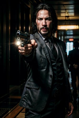 open wide shot, masterpiece, excellent quality, 
perfect hands,epic running fast shooting machine gun with flames, photo realistic Keanu Reeves John Wick with pistol and machine gun , thriller style, aggressive pose, modern black and white Gucci suit, armed gun, photorealistic, highly detailed, blurry photo, intricate, incredibly detailed, super detailed, gangster texture, detailed , crazy, soft lights and shadows