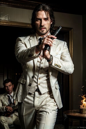 ((Panoramic and open wide shot)), masterpiece, excellent quality, 
perfect hands,epic running fast shooting machine gun with flames, photo realistic "John Wick", singing with gun ((wearing a bright white suit and guitar and singing into a microphone))
different weapons
knives, katanas, submachine guns, grenades, in a shootout with other men, thriller style, aggressive pose, modern black and white Gucci suit, armed gun, photorealistic, highly detailed, blurry photo, intricate, incredibly detailed, super detailed, gangster texture, detailed , crazy, soft lights and shadows