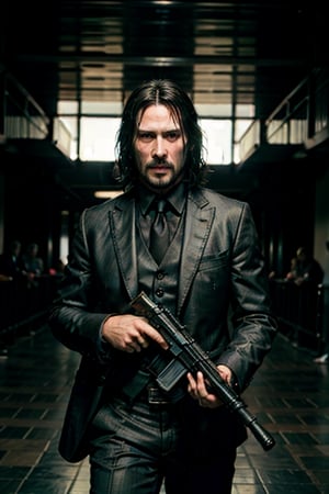 open wide shot, masterpiece, excellent quality, HD, 
perfect hands,epic running fast shooting machine gun with flames, photo realistic Keanu Reeves John Wick with pistol and machine gun , ((different weapons)) thriller style, aggressive pose, modern black and white Gucci suit, armed gun, photorealistic, highly detailed, blurry photo, intricate, incredibly detailed, super detailed, gangster texture, detailed , crazy, soft lights and shadows