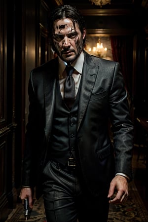 masterpiece, excellent quality, , photo realistic man John Wick with gun, shooting a gun, running, shooting, thriller style, aggressive pose, modern black and white Gucci suit, armed gun, photorealistic, highly detailed, blurry photo, intricate, incredibly detailed, super detailed, gangster texture, detailed , crazy, soft lights and shadows