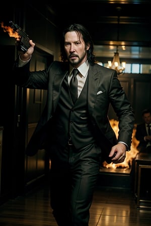 open wide shot, masterpiece, excellent quality, 
perfect hands,epic running fast shooting machine gun with flames, photo realistic Keanu Reeves John Wick with pistol and machine gun , thriller style, aggressive pose, modern black and white Gucci suit, armed gun, photorealistic, highly detailed, blurry photo, intricate, incredibly detailed, super detailed, gangster texture, detailed , crazy, soft lights and shadows