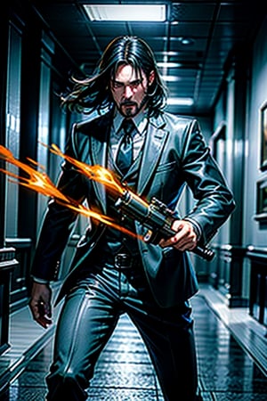 open wide shot, masterpiece, excellent quality, 
perfect hands,epic running fast shooting machine gun with flames, photo realistic Keanu Reeves John Wick with pistol and machine gun , thriller style, aggressive pose, modern black and white Gucci suit, armed gun, photorealistic, highly detailed, blurry photo, intricate, incredibly detailed, super detailed, gangster texture, detailed , crazy, soft lights and shadows