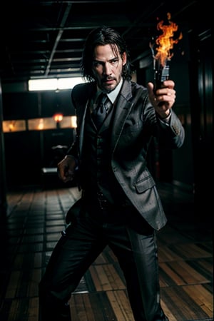 open wide shot, masterpiece, excellent quality, 
perfect hands,epic running fast shooting machine gun with flames, photo realistic Keanu Reeves John Wick with pistol and machine gun , thriller style, aggressive pose, modern black and white Gucci suit, armed gun, photorealistic, highly detailed, blurry photo, intricate, incredibly detailed, super detailed, gangster texture, detailed , crazy, soft lights and shadows