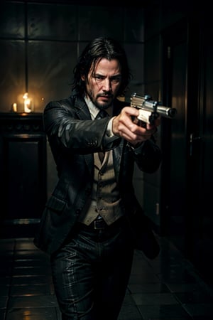 open wide shot, masterpiece, excellent quality, 
perfect hands, running fast shooting machine gun with flames, photo realistic Keanu Reeves John Wick with pistol and machine gun , thriller style, aggressive pose, modern black and white Gucci suit, armed gun, photorealistic, highly detailed, blurry photo, intricate, incredibly detailed, super detailed, gangster texture, detailed , crazy, soft lights and shadows