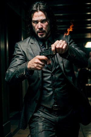 open wide shot, masterpiece, excellent quality, 
perfect hands,epic running fast shooting machine gun with flames, photo realistic Keanu Reeves John Wick with pistol and machine gun , thriller style, aggressive pose, modern black and white Gucci suit, armed gun, photorealistic, highly detailed, blurry photo, intricate, incredibly detailed, super detailed, gangster texture, detailed , crazy, soft lights and shadows