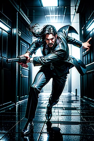 open wide shot, masterpiece, excellent quality, 
perfect hands,epic running fast shooting machine gun with flames, photo realistic Keanu Reeves John Wick with pistol and machine gun , thriller style, aggressive pose, modern black and white Gucci suit, armed gun, photorealistic, highly detailed, blurry photo, intricate, incredibly detailed, super detailed, gangster texture, detailed , crazy, soft lights and shadows