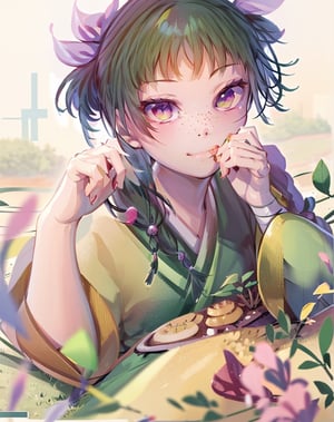 masterpiece, best quality, outdoor, anime art style, beautiful little 12y/o girl, full body, disformed anime style, 1girl, laying down, smirk, field of flowers, grin,green eyes,(slaver:1.2), full Pink hanfu, (dark green hair), (green eyes), hair ornament, 1girl, anime, masterpiece, one girl