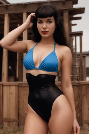 (masterpiece,best quality:1.2), high detailed,realistic,(masterpiece,best quality:1.2), high detailed,realistic,Bettie Page is a confident and formidable woman with an intense, dominating gaze. She should have piercing
blue eyes that seem to bore into the soul, with a hint of menace lurking beneath the surface. Her eyebrows are
slightly furrowed, giving her a sense of perpetual disapproval. Her full lips are pressed together in a firm line,
conveying a sense of unwavering determination., lipstick,
The overall atmosphere should be one of unapologetic authority and unyielding power, as if she is daring anyone to
challenge her. The image should exude confidence, strength, and an aura of 'don't mess with me ,wearing a swimsuit, red lipstick, pin-up style, 1950s, dominatrix