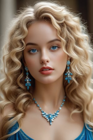 bellissima 1girl, solo, long hair, looking at viewer, blue eyes, blonde hair, dress, jewelry, upper body, earrings, necklace, lips, curly hair, realistic, 50mm . cinematic 4k epic detailed 4k epic detailed photograph shot on kodak detailed cinematic hbo dark moody, 35mm photo, grainy, vignette, vintage, Kodachrome, Lomography, stained, highly detailed, found footage,thm style