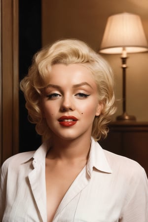 a portrait of marilyn monroe with blonde hair, blue eyes, mole on cheek, lipstick