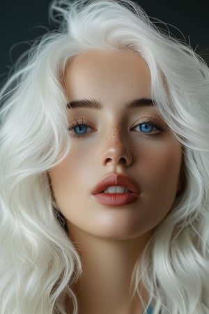 bellissima 1girl, solo, long hair, looking at viewer, blue eyes, white hair, blurry, lips, eyelashes, wavy hair, portrait, close-up, freckles, realistic, nose, nose , nose, 50mm . cinematic 4k epic detailed 4k epic detailed photograph shot on kodak detailed cinematic hbo dark moody, 35mm photo, grainy, vignette, vintage, Kodachrome, Lomography, stained, highly detailed, found footage,thm style