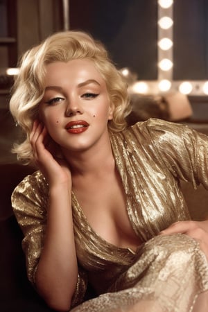 Marilyn Monroe is a woman with blonde hair, blue eyes, mole on cheek