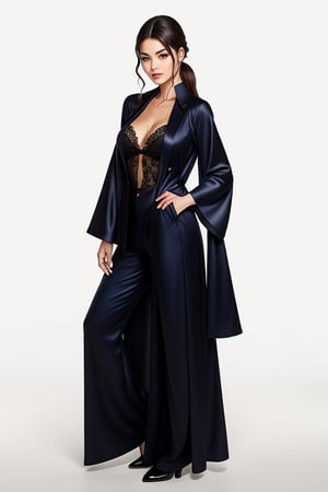 laperla style, realistic, a woman with blue eyes wearing
a black lingersuit posing for a picture, full body