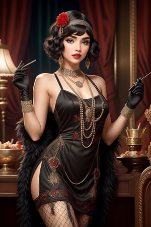 xcharleston style, 1girl, solo, black hair, hair ornament, gloves, dress, jewelry, earrings, elbow gloves, necklace, makeup, lipstick, realistic