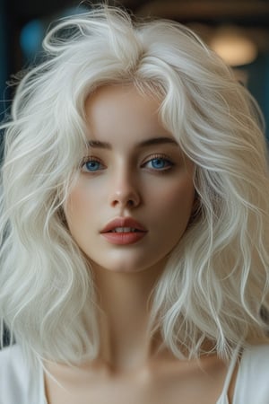 bellissima 1girl, solo, long hair, looking at viewer, blue eyes, blonde hair, upper body, white hair, parted lips, teeth, lips, eyelashes, wavy hair, messy hair, realistic, nose, 50mm . cinematic 4k epic detailed 4k epic detailed photograph shot on kodak detailed cinematic hbo dark moody, 35mm photo, grainy, vignette, vintage, Kodachrome, Lomography, stained, highly detailed, found footage,thm style