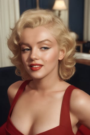 Marilyn Monroe is a woman with blonde hair, blue eyes, mole on cheek