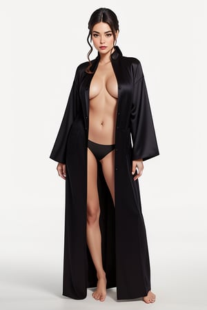 laperla style, realistic, a woman with blue eyes wearing
a black robe that is open and on display on a woman, solo, long sleeves, standing, full body, coat, black coat, robe, black robe
, full body