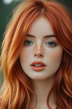 bellissima 1girl, solo, long hair, looking at viewer, bangs, jewelry, green eyes, red hair, parted lips, teeth, necklace, orange hair, lips, eyelashes, portrait, freckles, realistic, nose, nose , nose, 50mm . cinematic 4k epic detailed 4k epic detailed photograph shot on kodak detailed cinematic hbo dark moody, 35mm photo, grainy, vignette, vintage, Kodachrome, Lomography, stained, highly detailed, found footage,thm style