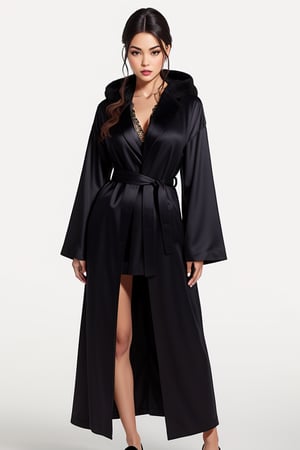 laperla style, realistic, a woman with blue eyes wearing
a black robe that is open and on display on a woman, solo, long sleeves, standing, full body, coat, black coat, robe, black robe
, full body