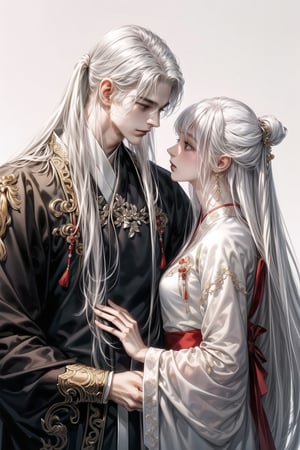 (MALE-FEMALE_COUPLE:1.5)(extreamly delicate and beautiful:1.2), 8K, (tmasterpiece, best:1.2), (WHITE CLEAR BACKGROUND:1.5), (LONG_WHITE_HAIR_COUPLE:1.5), Upper body, a long_white_haired_male with gorgeous girl, romantic moment,  (wears white hanfu:1.2),  and intricate detailing, finely eye and detailed face, Perfect eyes, Equal eyes, Fantastic lights and shadows、white room background、( Uses BOY+backlight and rim light, man,holding a GIRL) Handsome Thai Men, gorgeous_face,Handsome Thai Men,gufeng,watercolor,1guy,1boy,1girl,huyefo,watercolor \(medium\)