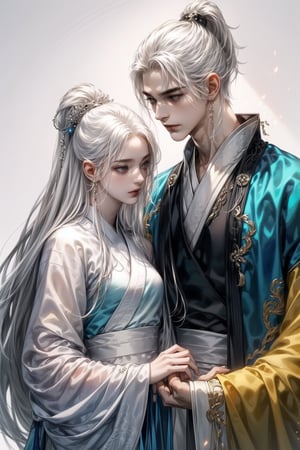 (MALE-FEMALE_COUPLE:1.5)(extreamly delicate and beautiful:1.2), 8K, (tmasterpiece, best:1.2), (WHITE CLEAR BACKGROUND:1.5), (LONG_WHITE_HAIR_COUPLE:1.5), Upper body, a long_white_haired_male with gorgeous girl, romantic moment,  (wears white hanfu:1.2),  and intricate detailing, finely eye and detailed face, Perfect eyes, Equal eyes, Fantastic lights and shadows、white room background、( Uses BOY+backlight and rim light, man,holding a GIRL) Handsome Thai Men, gorgeous_face,Handsome Thai Men,gufeng,watercolor,1guy,1boy,1girl,huyefo,watercolor \(medium\)