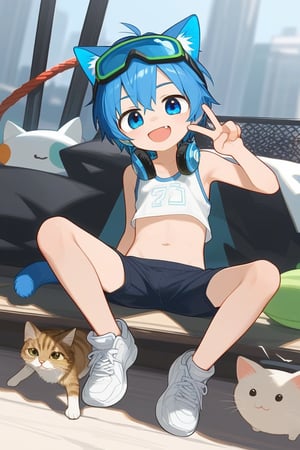 solo,male,shota,cat_boy,animal ear,blue ear,blue hair,blue eyes,BREAK,
headphones around neck,green headphones,solo headphones,BREAK,
goggles_on_head,ski_goggles,green goggles,BREAK,
sneakers,crop_top,
m_legs,v,
score_9,score_8_up,score_7_up,score_6_up,score_5_up,score_4_up,masterpiece,