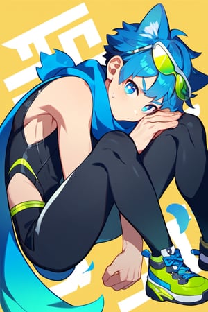 score_9,score_8_up,score_7_up,score_6_up,score_5_up,score_9_up,tag score,source_anime,
1boy,solo,male focus,blue cat ears shota,blue tail,blue pupils,blue hair,
(black sleeveless bodysuit),blue (torn scarf),sneakers,green (Ski glasses) on head,
best quality, amazing quality, best aesthetic,
Perfect Hands,
