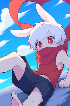 (deformed:0.5),solo,male_focus,male_child,shota, 
vup-bai,(white_hair:0.8),red eyes,(floppy_ears,lop_rabbit_ears),[scarf,red scarf,floating_scarf,scarf_over_mouth],
(red t-shirt,sleeveless:0.8),(black shorts:0.8),barefoot,BREAK,
[sky,cloud,red_sky],
[bad end,defeat],lying,on_side,
(masterpiece, best quality:1.1),