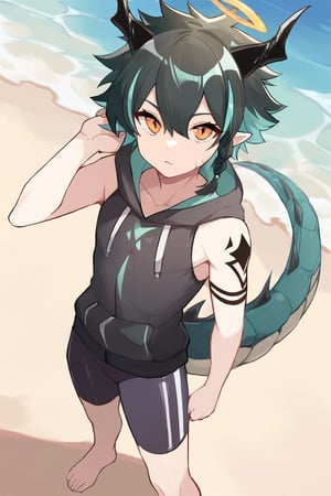 solo,male_focus, 
vup-lls,orange eyes,(streaked hair,black hair,aqua hair,side braid),(dragon horns,halo,pointy ears,dragon tail),tattoo,
black sleeveless_hoodie,jammers,barefoot,BREAK,
(beach,river),
(masterpiece, best quality:1.1),