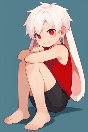 solo,male_focus,shota, 
vup-bai,white_hair,red eyes,(lop_ears:1.2),(red shirt,sleeveless:0.8),(black shorts:0.8),barefoot,BREAK,
from side,[looking at viewer],
(dynamic_pose:1.25),smile,portrait,(hugging_own_legs),
score_9,score_8_up,score_7_up,score_6_up,score_5_up