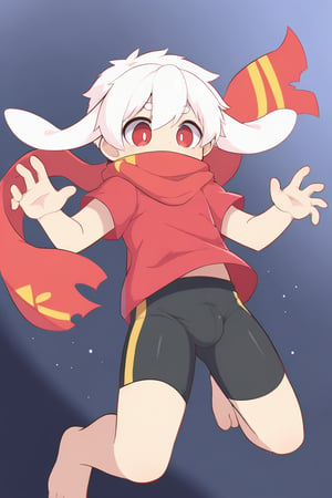 solo,male_focus,male_child,shota, 
vup-bai,(white_hair:0.8),red eyes,(floppy_ears,lop_rabbit_ears),[scarf,red scarf,floating_scarf,scarf_over_mouth],
(red t-shirt,black jammers,bulge),(barefoot),BREAK,
(masterpiece, best quality:1.1),